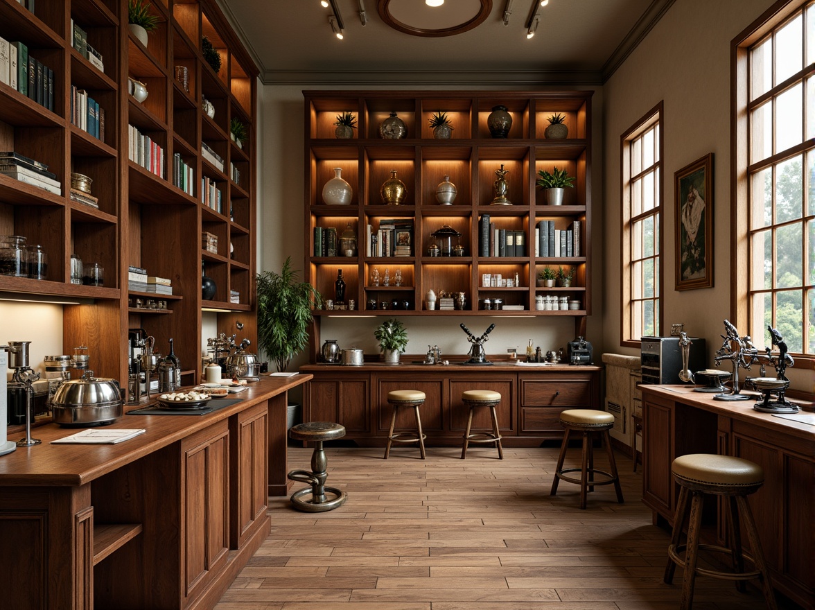 Prompt: Rich wooden cabinetry, polished chrome fixtures, vintage scientific instruments, classic laboratory stools, wooden workbenches, antique microscopes, distressed leather armchairs, ornate metal shelving units, warm beige walls, soft diffused lighting, 1/1 composition, realistic wood textures, subtle ambient occlusion.