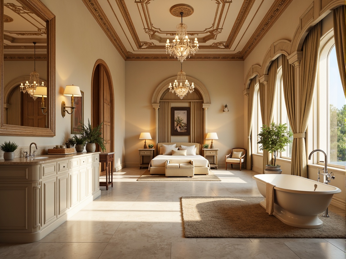 Prompt: Luxurious villa, ornate decorations, warm beige walls, high ceilings, grand chandeliers, lavish furnishings, rich wood accents, Terrazzo countertops, polished chrome fixtures, soft cream-colored cabinets, elegant archways, natural stone flooring, plush area rugs, sophisticated lighting, dramatic drapery, opulent master bedroom, spa-inspired bathroom, freestanding tub, separate shower stall, warm beige and white color palette, soft golden lighting, 1/1 composition, realistic textures, ambient occlusion.