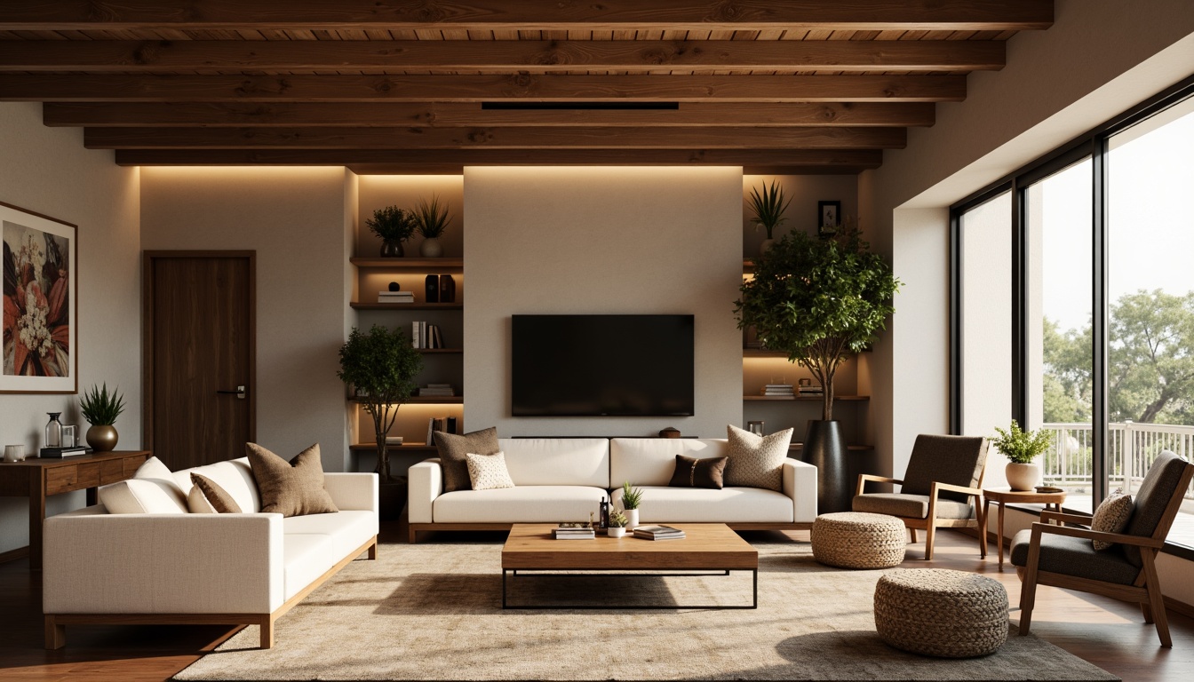 Prompt: Cozy living room, plush sofas, comfortable armchairs, wooden coffee tables, soft cushions, warm lighting, earthy tone walls, natural textiles, woven baskets, modern minimalist decor, functional shelving units, sleek TV stands, ergonomic desks, adjustable chairs, storage ottomans, calming color schemes, serene ambiance, shallow depth of field, 1/1 composition, realistic wood textures, ambient occlusion.