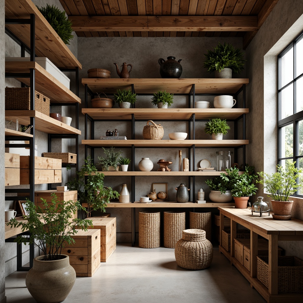 Prompt: Rustic storage room, reclaimed wood shelves, industrial metal frames, vintage decorative accents, earthy color palette, natural stone walls, distressed wooden crates, woven baskets, potted plants, soft warm lighting, shallow depth of field, 3/4 composition, realistic textures, ambient occlusion, rustic charm, country-inspired decor, farmhouse style, exposed brick walls, wooden ladder, modern minimalist storage bins.