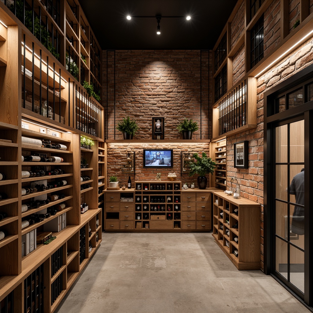 Prompt: Industrial chic wine cellar, Bauhaus inspired shelving units, reclaimed wood accents, metal grid systems, geometric patterns, minimalist decor, functional lighting, exposed brick walls, polished concrete floors, climate controlled environments, temperature display screens, wine bottle storage, wooden crates, rustic metal doors, ambient warm lighting, shallow depth of field, 1/1 composition, realistic textures.