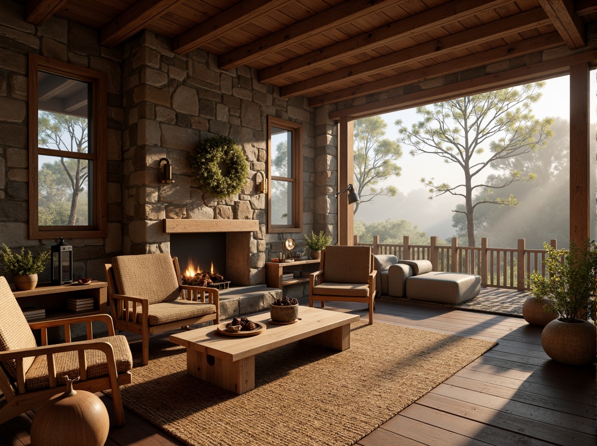 Prompt: Rustic wooden cabin, natural stone walls, earthy brown color palette, reclaimed wood furniture, woven wicker chairs, jute rugs, pinecone decorations, lantern lighting, foggy morning mist, soft warm sunlight, shallow depth of field, 2/3 composition, realistic textures, ambient occlusion.