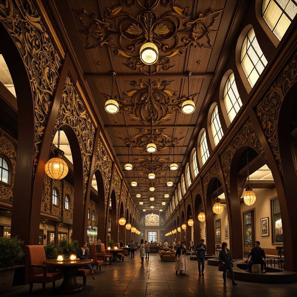 Prompt: Intricate metalwork, flowing curves, organic shapes, ornate details, elegant chandeliers, stained glass shades, bronze fixtures, ornamental lanterns, Art Nouveau patterns, botanical motifs, fluid lines, whiplash curves, luxurious materials, rich textures, warm golden lighting, soft diffused glow, 1/2 composition, atmospheric perspective, realistic reflections, high-contrast rendering.