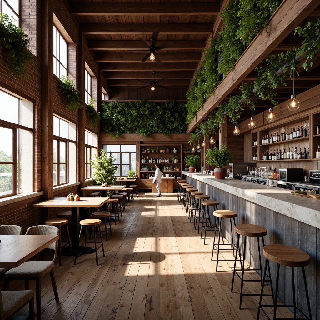 Prompt: Cozy bar interior, open layout, high ceiling, wooden floors, minimalist decor, rustic tables, metal stools, vintage lighting fixtures, exposed brick walls, natural stone countertops, greenery installations, living walls, airy atmosphere, soft warm glow, 1/1 composition, realistic textures, ambient occlusion.