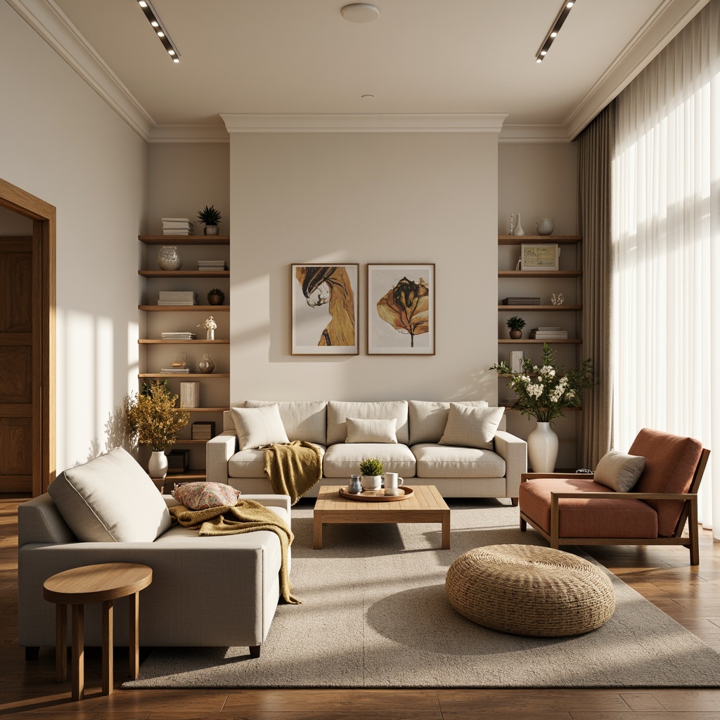 Prompt: Cozy living room, plush sofas, comfortable armchairs, wooden coffee tables, soft cushions, warm lighting, cozy throw blankets, natural wood flooring, cream-colored walls, modern minimalist decor, functional shelving units, stylish side tables, decorative vases, fresh flowers, calm atmosphere, shallow depth of field, 1/1 composition, realistic textures, ambient occlusion.