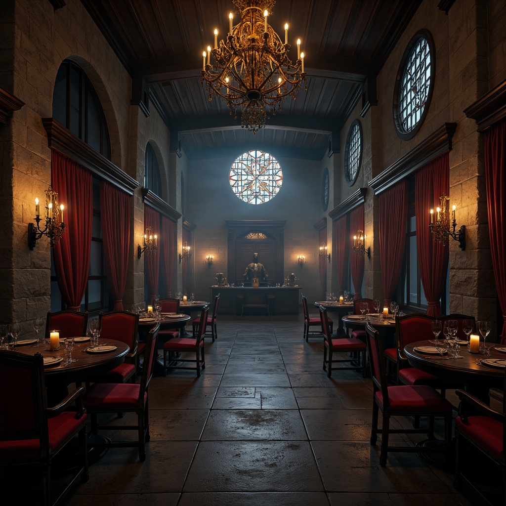 Prompt: Dark wooden tables, ornate metal chairs, velvet drapes, grand chandeliers, mysterious ambiance, medieval-inspired decor, stone walls, stained glass windows, heavy wooden doors, intricate carvings, luxurious upholstery, rich red fabrics, dramatic lighting, warm candlelight, mysterious shadows, atmospheric fog, eerie silence, 1/1 composition, symmetrical framing, high contrast ratio, realistic wood textures, subtle ambient occlusion.