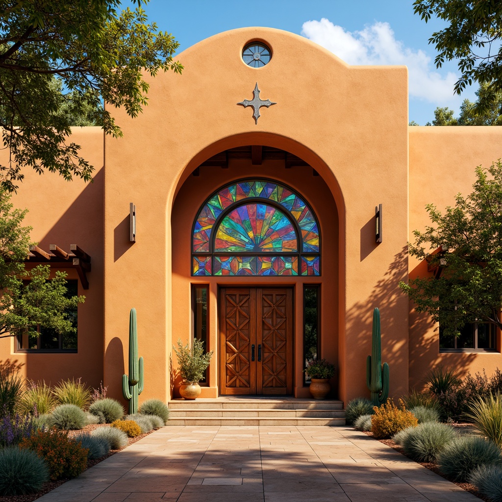 Prompt: Vibrant Southwestern church, warm adobe walls, turquoise accents, ornate wooden doors, rustic stone floors, colorful stained glass windows, geometric patterns, intricate mosaics, desert botanicals, cacti, succulents, warm golden lighting, shallow depth of field, 1/2 composition, realistic textures, ambient occlusion.