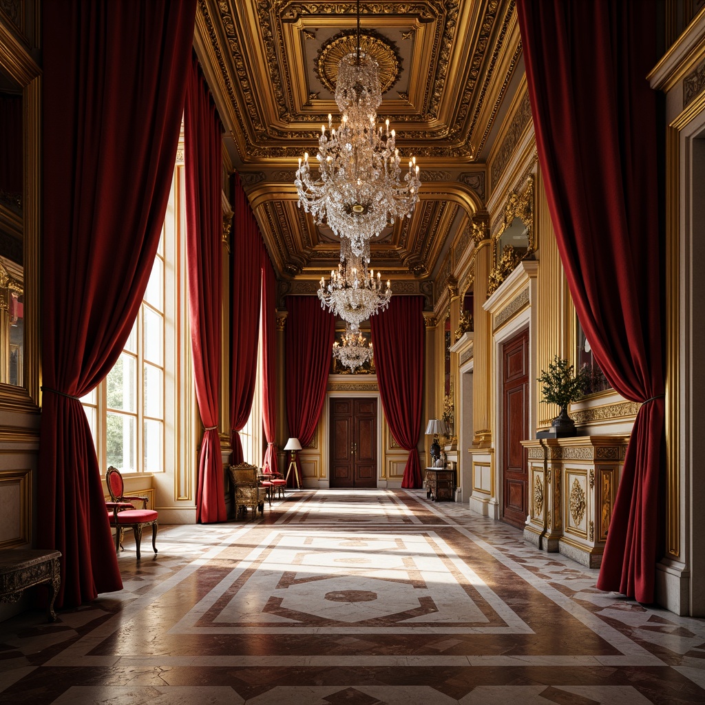 Prompt: Ornate Baroque palace, luxurious velvet drapes, intricately carved wooden panels, gilded ornamental mirrors, opulent crystal chandeliers, richly patterned marble floors, lavish furnishings, intricate stone carvings, dramatic curtain folds, soft warm lighting, shallow depth of field, 1/1 composition, realistic textures, ambient occlusion, subtle noise effect.