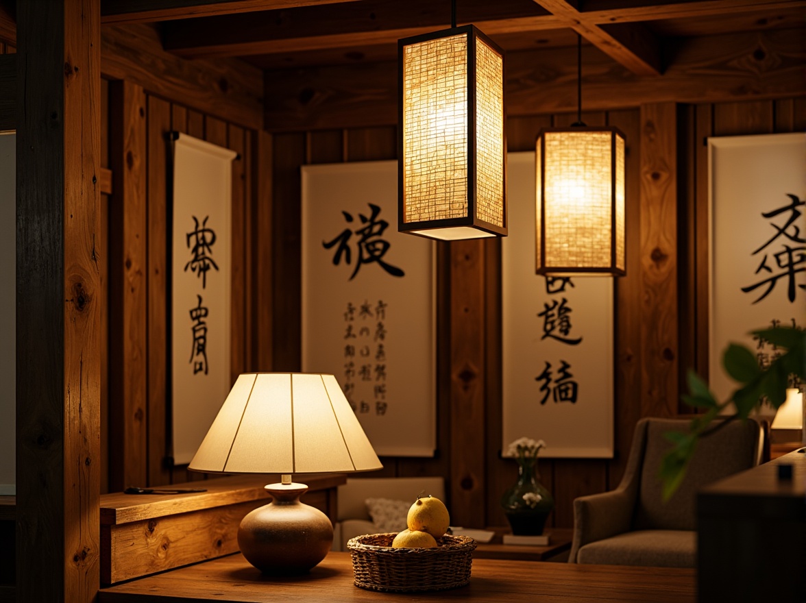 Prompt: Traditional Asian lanterns, paper shades, natural fiber pendants, warm soft lighting, cozy ambiance, wooden accents, bamboo details, rice paper textures, subtle color palette, minimalist decor, low-key illumination, floor lamps with woven baskets, table lamps with ceramic bases, hanging scrolls, nature-inspired motifs, gentle shadows, soft focus, 1/2 composition, intimate atmosphere, subtle contrast.