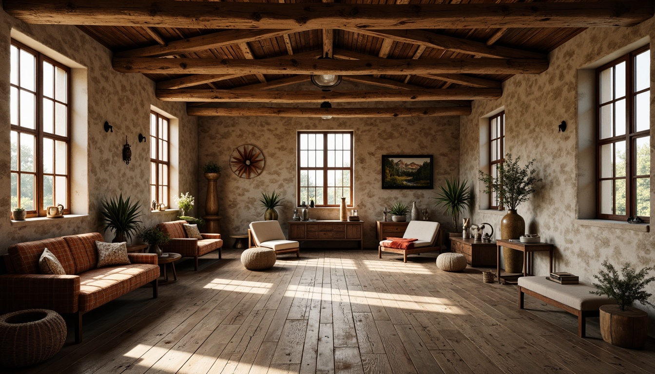 Prompt: Rustic hall, wooden beam ceiling, stone walls, distressed wood flooring, vintage furniture, earthy color palette, natural textiles, woven baskets, handcrafted metal fixtures, reclaimed wood accents, exposed brickwork, industrial-style lighting, warm ambient glow, softbox shadows, 1/1 composition, intimate atmosphere, realistic wood grain textures.