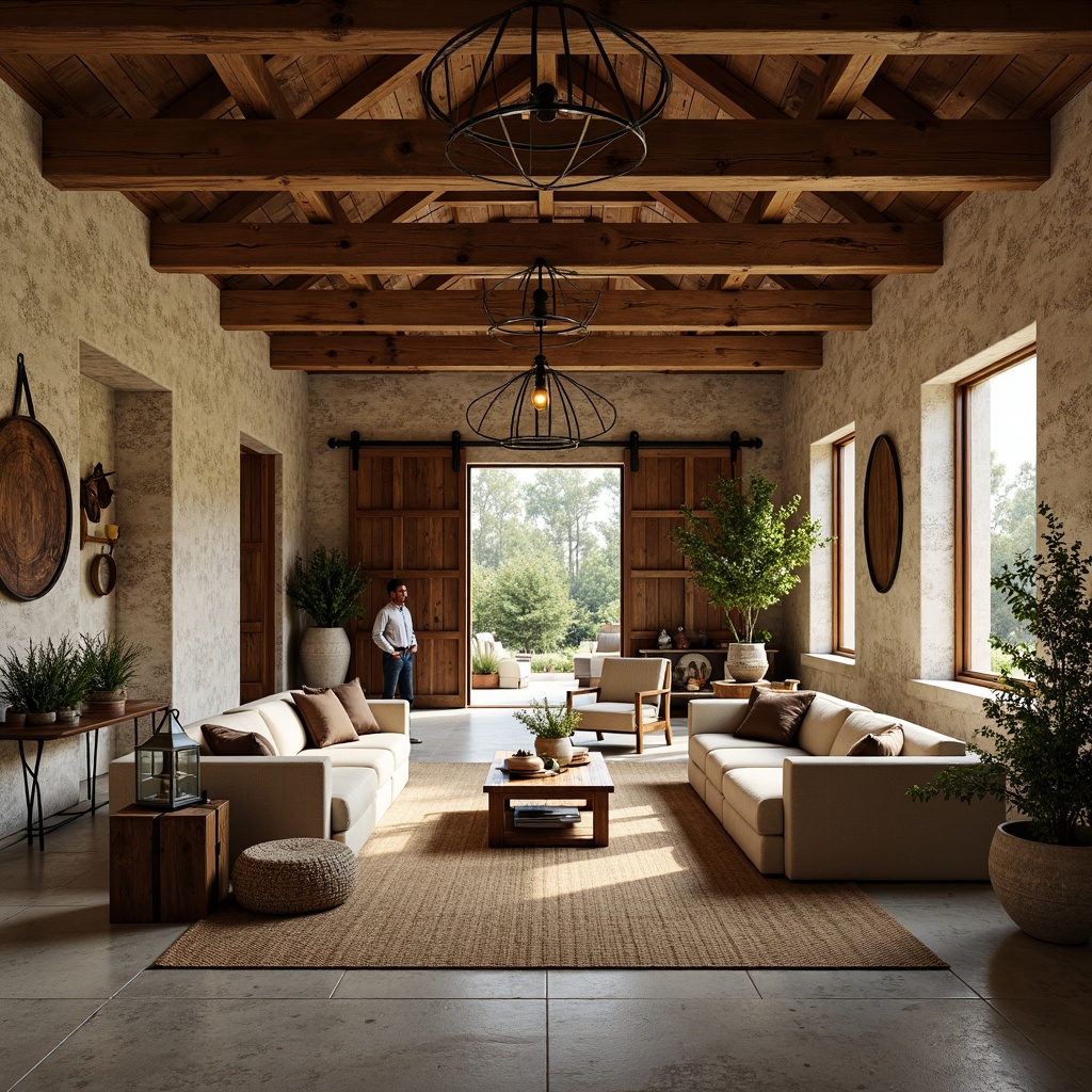 Prompt: Rustic farmhouse, open layout, wooden beams, natural stone walls, earthy color palette, vintage farm equipment, distressed wood furniture, plush country-style upholstery, woven textiles, abundant natural light, sliding barn doors, metal lanterns, greenery-filled planters, soft warm lighting, shallow depth of field, 1/1 composition, realistic textures, ambient occlusion.