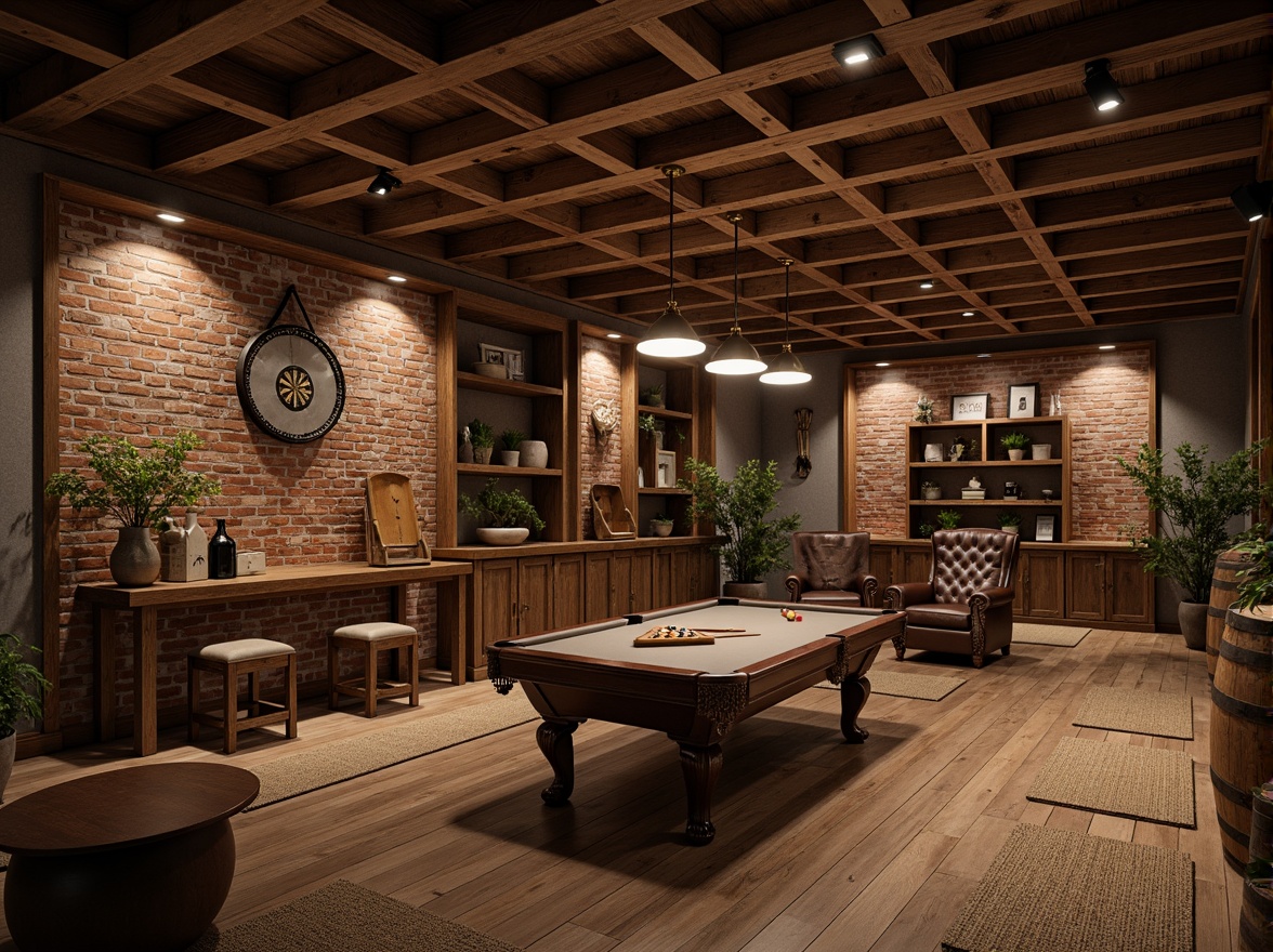 Prompt: Rustic game room, wooden plank flooring, distressed textures, earthy tones, natural stone accents, woven jute rugs, vintage furniture, exposed brick walls, dim warm lighting, cozy atmosphere, wooden beams, rough-hewn wood panels, bronze metal fixtures, leather-bound armchairs, pool table, dartboard, rustic wooden shelves, wooden barrels, lantern-style lighting, warm color palette, inviting ambiance, relaxed vibe.