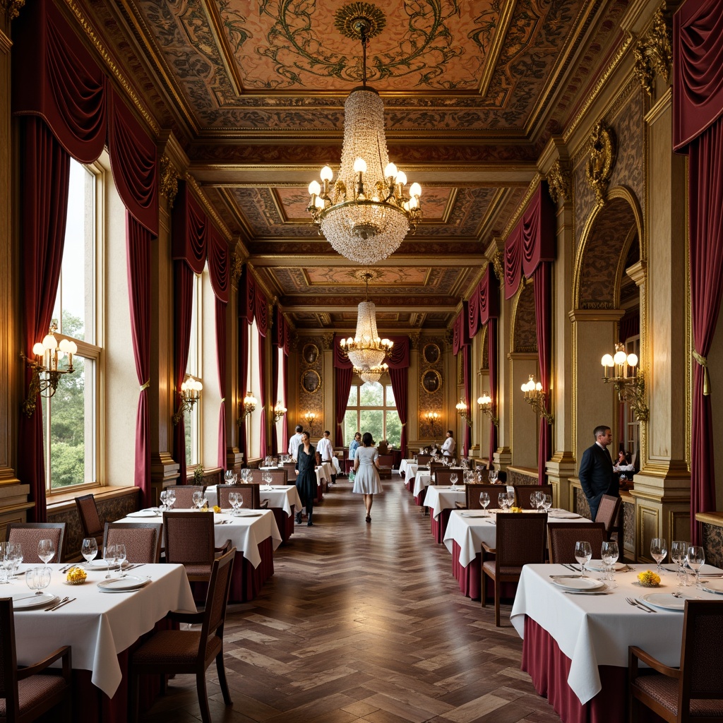 Prompt: Ornate dining hall, neoclassical architecture, grand chandelier, intricately patterned textiles, rich velvet fabrics, golden accents, ornamental moldings, high ceilings, marble floors, crystal glassware, luxurious furnishings, elegant curtains, classic columns, symmetrical composition, warm soft lighting, shallow depth of field, 1/2 composition, realistic textures, ambient occlusion.