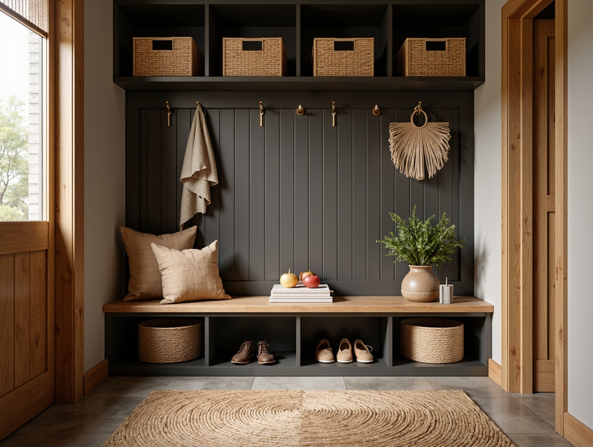 Prompt: Cozy mudroom, rustic wooden bench, woven baskets, natural fiber rugs, earthy color palette, functional wall hooks, sturdy metal construction, matte black finish, modern minimalist design, ample storage space, organized shelving units, decorative woven textiles, soft warm lighting, shallow depth of field, 3/4 composition, realistic textures.