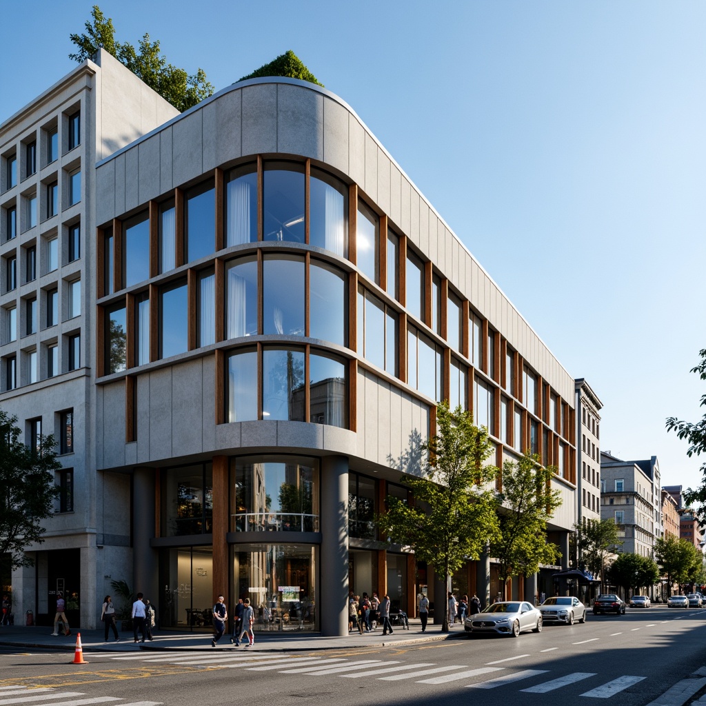 Prompt: Polycarbonate building facade, transparent windows, modern architecture, sleek lines, durable material, weather-resistant surface, glossy finish, subtle reflections, urban cityscape, busy streets, pedestrian traffic, clear blue sky, warm sunlight, shallow depth of field, 3/4 composition, realistic textures, ambient occlusion.