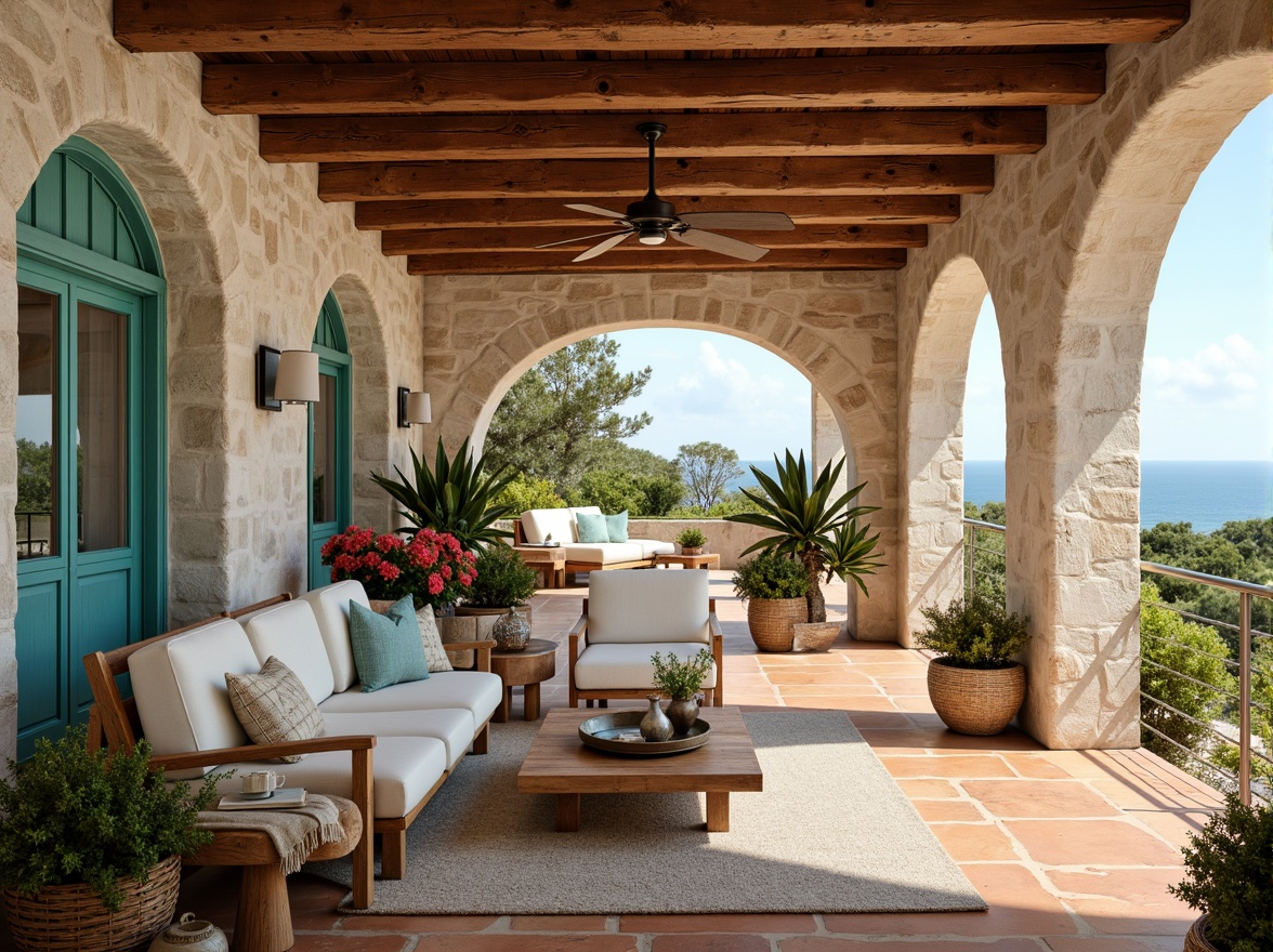 Prompt: Warm Mediterranean villa, rustic stone walls, turquoise accents, creamy white arches, distressed wood beams, soft golden lighting, lush greenery, vibrant bougainvillea, terracotta pots, natural textiles, woven baskets, earthy terracotta flooring, sea-inspired blues, sun-kissed whites, warm beiges, rich walnut wood tones, ornate metalwork, vintage ceramics, airy open spaces, scenic ocean views, soft misting effects, 1/1 composition, shallow depth of field.