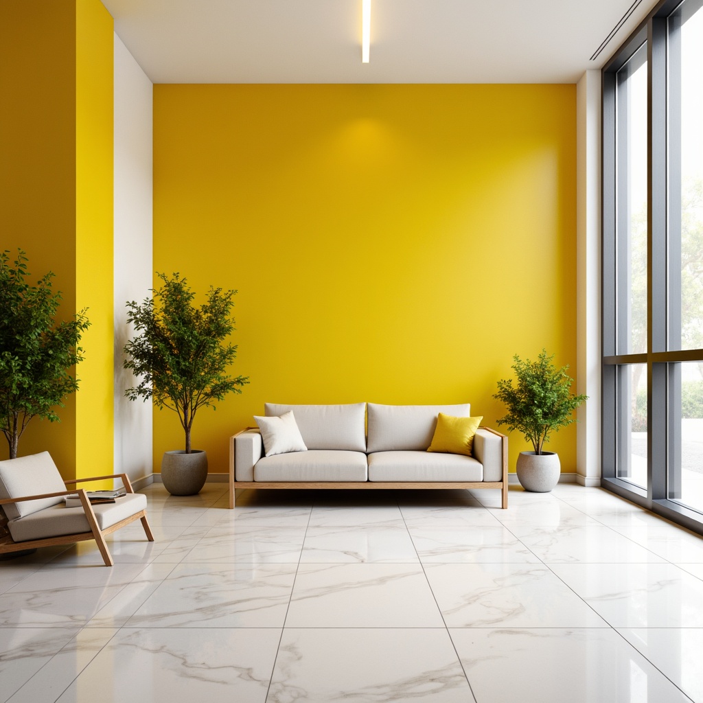 Prompt: Monochromatic minimalist space, bold yellow accent wall, sleek white marble floors, modern low-profile furniture, subtle greenery, natural wood tones, ample negative space, warm softbox lighting, 1/1 composition, shallow depth of field, realistic textures, ambient occlusion.