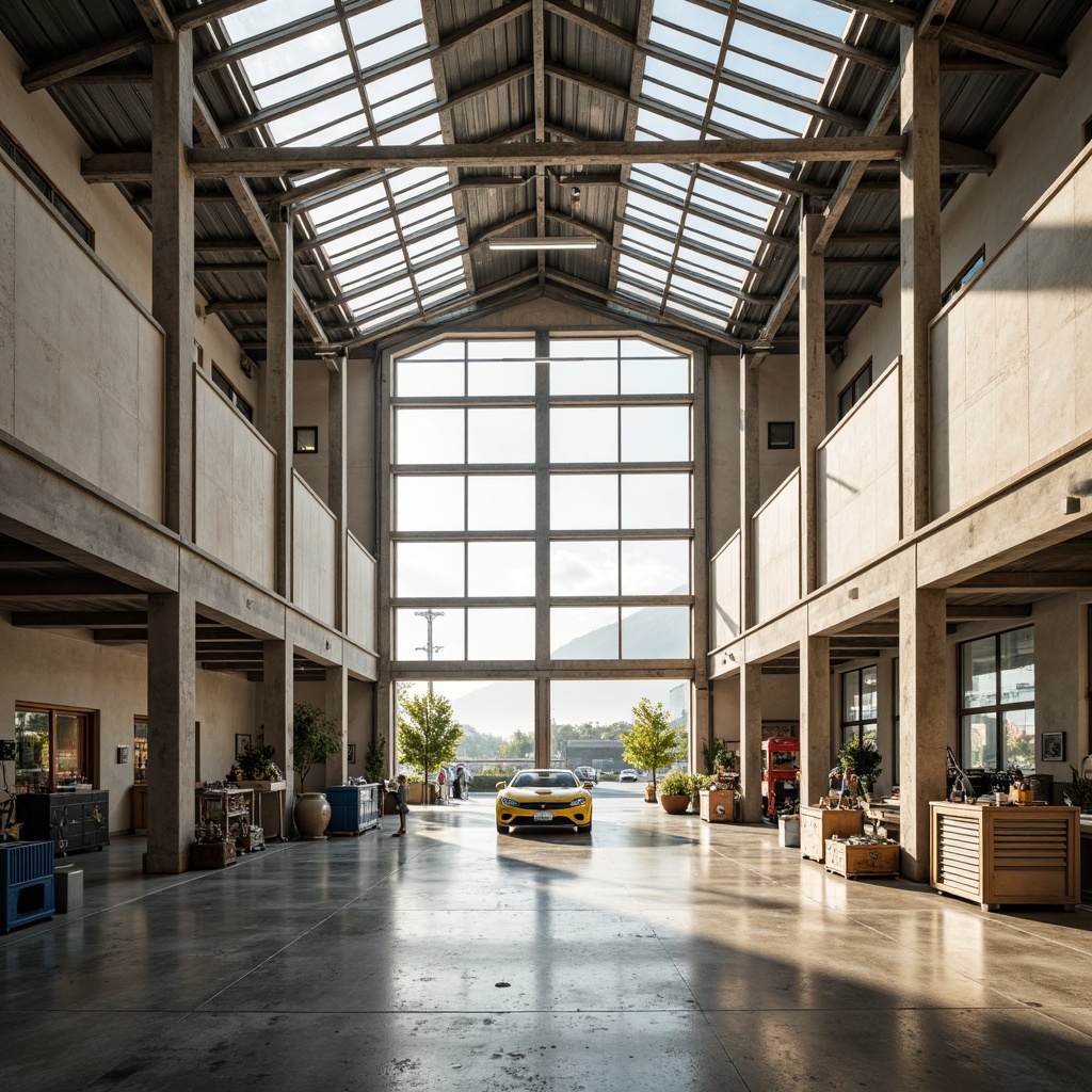 Prompt: Spacious garage interior, large windows, skylights, transparent roof panels, natural light pouring in, bright and airy atmosphere, polished concrete floors, sleek metal beams, modern industrial design, minimalist decor, functional storage systems, organized tool stations, automotive-inspired color scheme, warm beige tones, soft shadows, shallow depth of field, 1/1 composition, realistic textures, ambient occlusion.