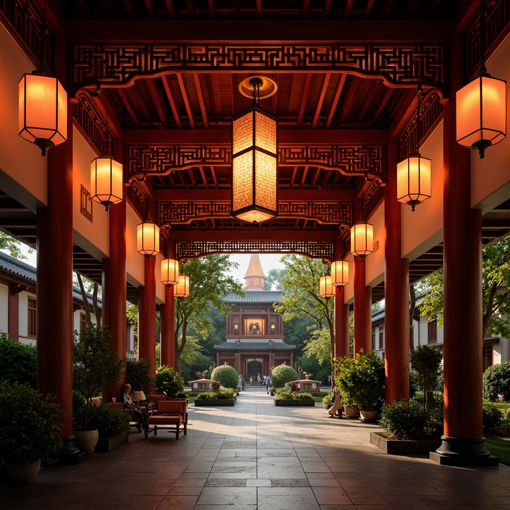 Prompt: Warm lanterns, ornate chandeliers, soft warm glow, traditional Chinese architecture, intricately carved wooden beams, vibrant red accents, golden decorations, majestic entrance gates, peaceful courtyards, serene water features, lush greenery, natural stone pathways, ambient lighting, subtle shadows, 1/2 composition, medium depth of field, filmic textures, atmospheric rendering.