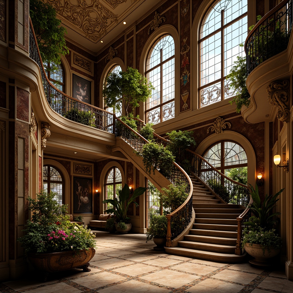 Prompt: Intricate ornate details, flowing organic lines, sinuous curves, asymmetrical compositions, luxurious materials, jewel-toned colors, stained glass windows, wrought iron railings, blooming flowers, foliage-inspired motifs, sensual feminine forms, elegant typography, ornate doorways, grand staircases, opulent chandeliers, lavish furnishings, warm golden lighting, soft focus, shallow depth of field, 2/3 composition, artistic close-ups, rich textures, dramatic shadows.