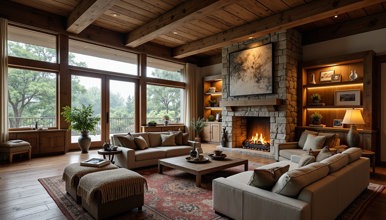 Prompt: Cozy rustic great room, natural stone fireplace, reclaimed wood beams, earthy color palette, comfortable plush furniture, warm ambient lighting, soft textiles, nature-inspired decor, wooden accents, vintage accessories, distressed finishes, organic shapes, intimate seating areas, panoramic views, abundant natural light, shallow depth of field, 3/4 composition, realistic textures.