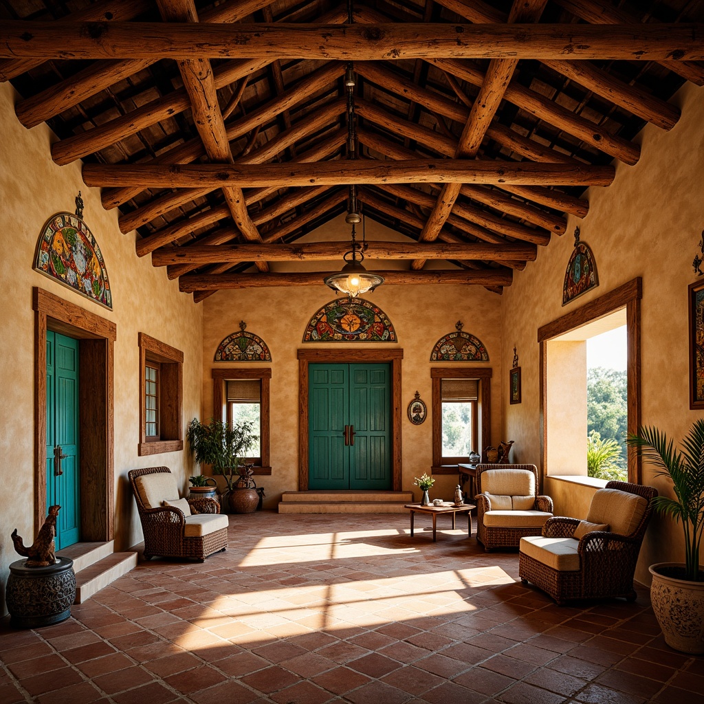 Prompt: \Vaulted ceiling, rustic wooden beams, ornate metalwork, Latin-inspired architectural details, vibrant turquoise accents, warm golden lighting, stained glass windows, intricate stone carvings, adobe-style walls, earthy terracotta floors, traditional Native American patterns, rich wood tones, dramatic archways, soft diffused light, 1/1 composition, realistic textures, ambient occlusion.\