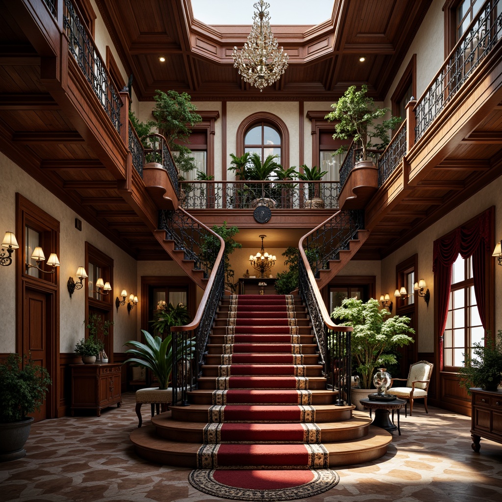 Prompt: Opulent Victorian-era mansion, grand staircase, ornate ironwork balusters, intricately carved wooden panels, luxurious velvet drapes, lavish chandeliers, sinuous lines, flowing curves, organic forms, botanical motifs, peacock-inspired patterns, iridescent glassware, gemstone-encrusted fixtures, soft warm lighting, shallow depth of field, 1/1 composition, realistic textures, ambient occlusion.