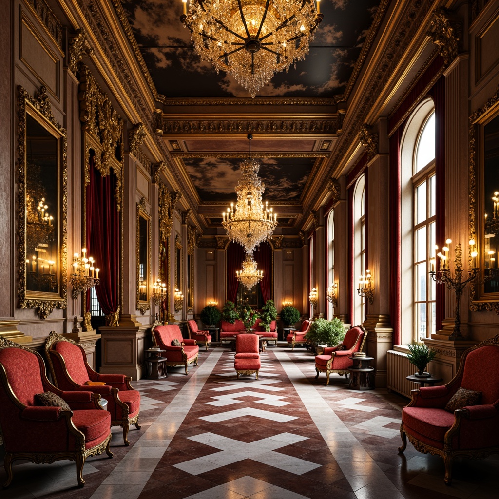 Prompt: Ornate baroque palace, grandiose chandeliers, rich velvet fabrics, intricately carved wooden furniture, gilded decorations, luxurious marble floors, ornamental mirrors, lavish drapery, curved lines, flamboyant upholstery, regal colors, warm golden lighting, dramatic shadows, high-contrast composition, detailed textures, atmospheric rendering.