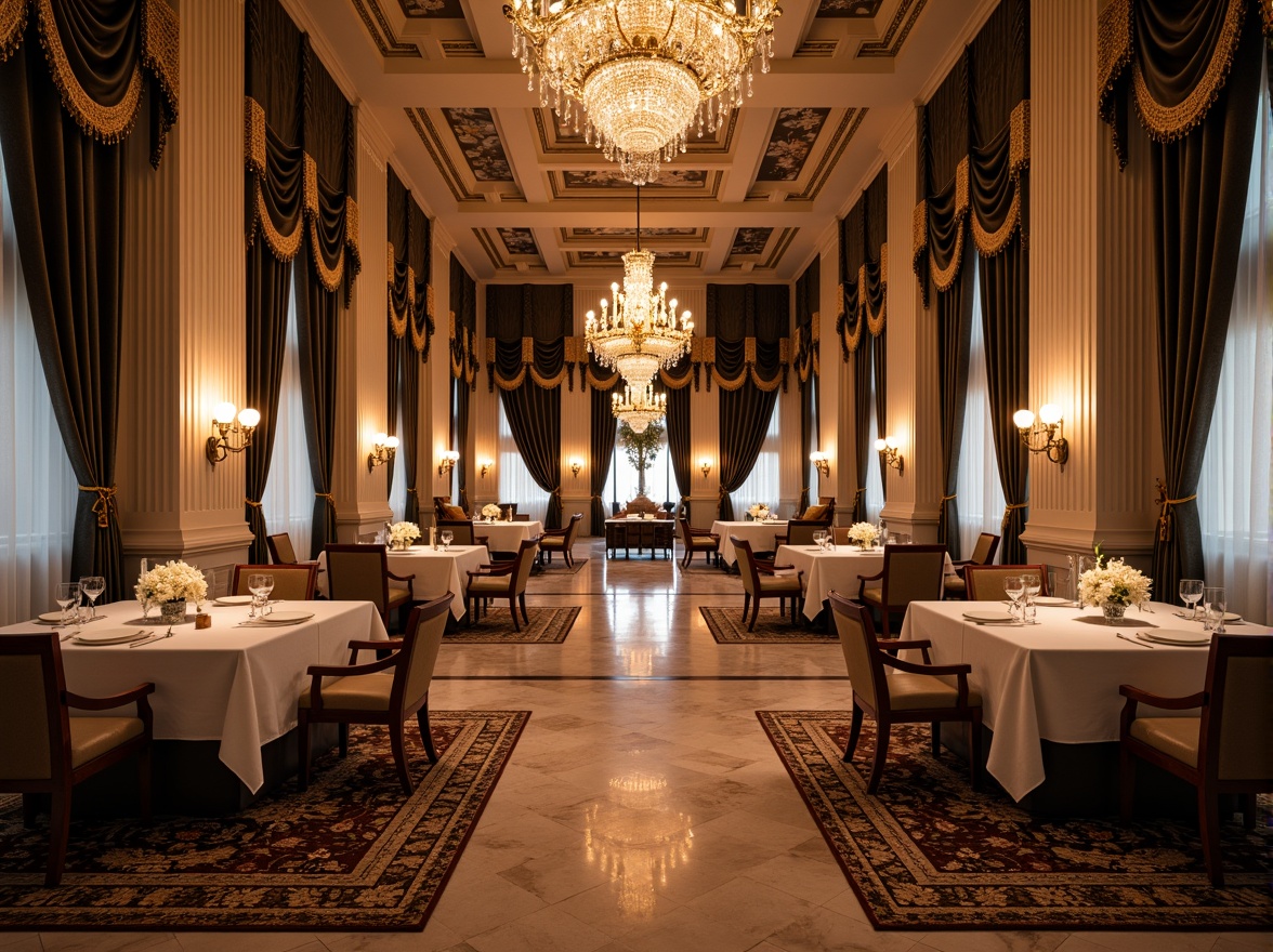 Prompt: Elegant dining hall, neoclassical architecture, ornate columns, grand chandeliers, luxurious textiles, velvet drapes, golden embroidery, intricately patterned rugs, marble floors, crystal candelabras, soft warm lighting, shallow depth of field, 1/2 composition, realistic textures, ambient occlusion, symmetrical composition, harmonious color palette.