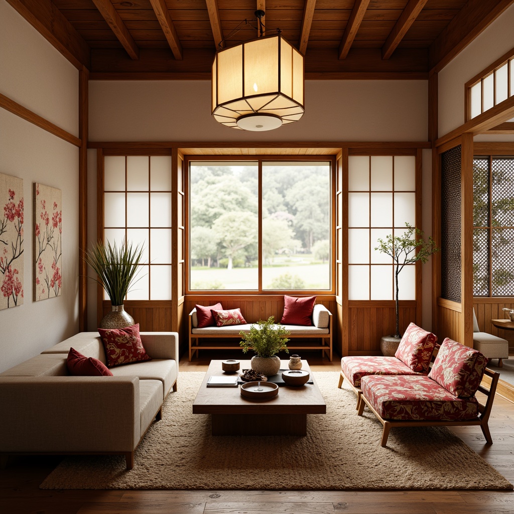 Prompt: Minimalist living room, traditional Japanese shoji screens, natural wood accents, paper lanterns, woven bamboo furniture, plush silk upholstery, vibrant cherry blossom patterns, ornate Chinese ceramics, intricately carved wooden panels, subtle warm lighting, shallow depth of field, 1/1 composition, realistic textures, ambient occlusion.