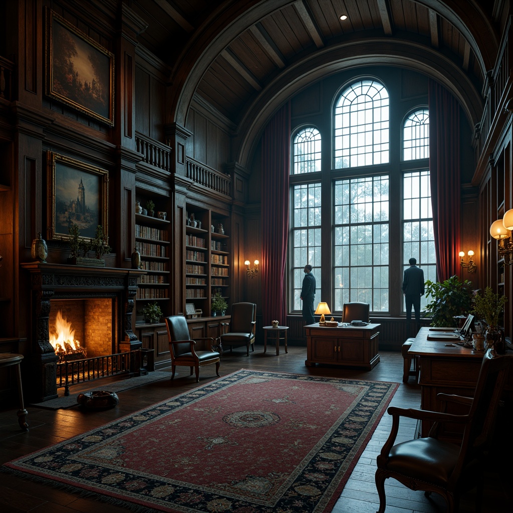 Prompt: Dark academia office, mysterious atmosphere, ornate wooden desks, high-backed leather chairs, intricately carved wooden cabinets, grand stone fireplaces, vaulted ceilings, stained glass windows, rich velvet drapes, mysterious old books, ancient artifacts, dim warm lighting, dramatic shadows, gothic arches, heavy metal chandeliers, luxurious rugs, mysterious clock towers, eerie silence, foggy misty day, cinematic composition, high contrast ratio, realistic textures, ambient occlusion.