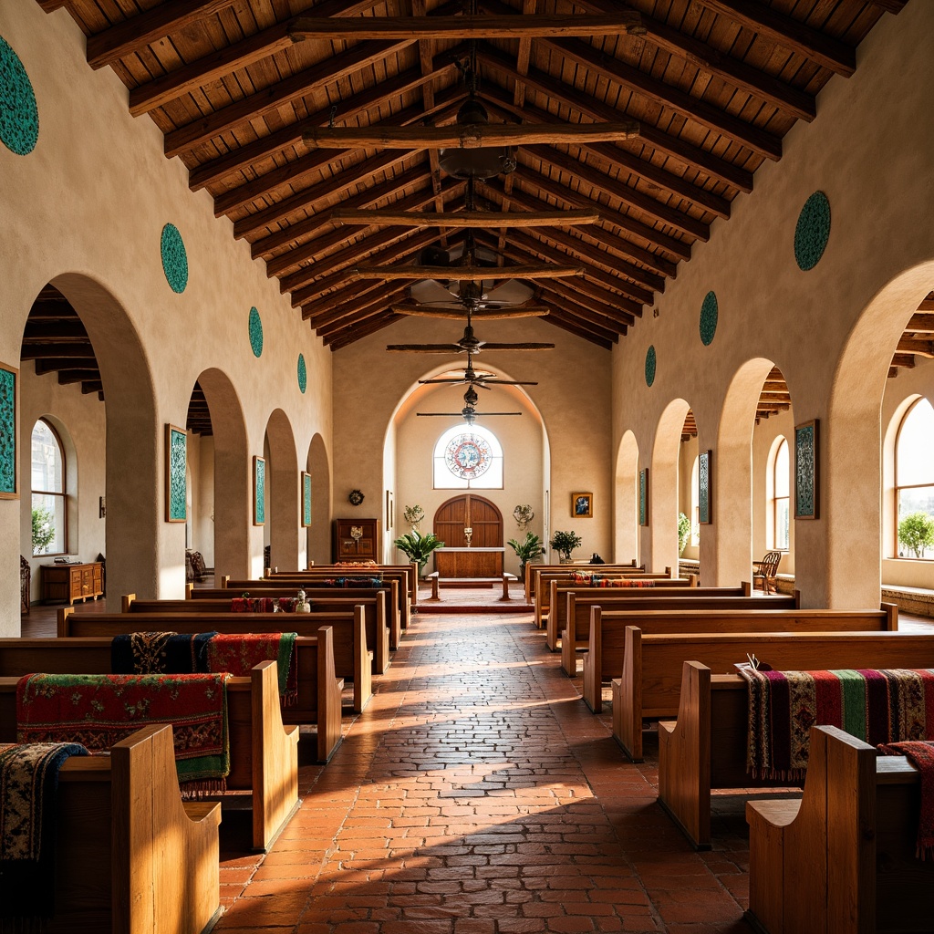 Prompt: Vibrant turquoise accents, ornate wooden beams, rustic adobe architecture, earthy terracotta flooring, traditional Native American patterns, intricate geometric motifs, warm golden lighting, shallow depth of field, 1/2 composition, close-up shot, realistic textures, ambient occlusion, Southwestern church interior, decorative vigas, hand-carved wooden pews, colorful woven textiles, soft warm glow, serene atmosphere.