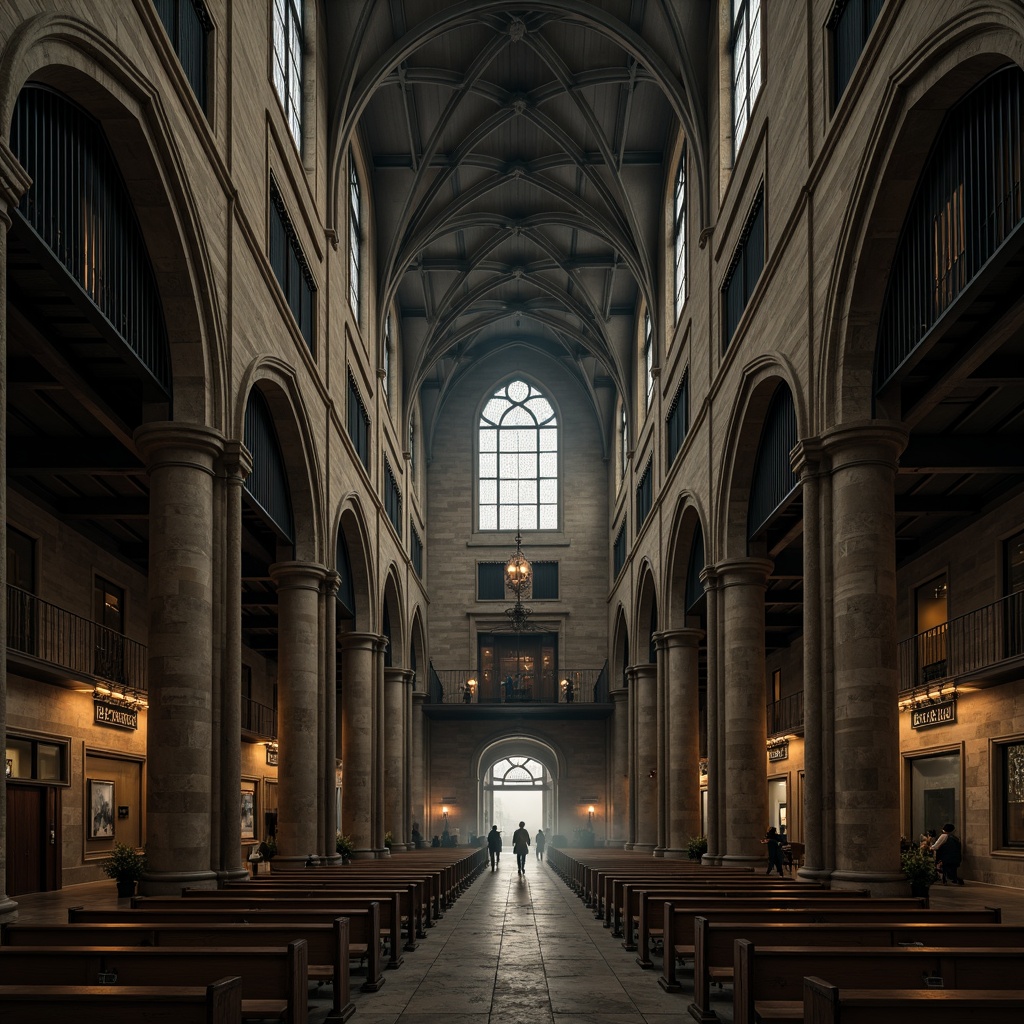 Prompt: Intricate Gothic arches, ribbed vaults, pointed windows, ornate stone carvings, steel beam frameworks, industrial metallic textures, dark mysterious ambiance, dramatic verticality, grandiose scale, atmospheric misty lighting, soft warm color palette, subtle shading, realistic reflections, 1/2 composition, cinematic view, detailed stonework, gothic-inspired ornamentation.