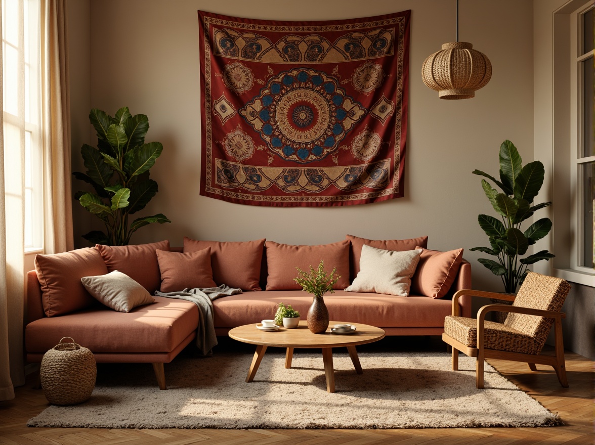 Prompt: Cozy living room, plush area rug, soft velvet sofa, comfortable throw pillows, warm beige walls, natural wood coffee table, woven wicker armchair, rustic wooden floorboards, vintage Moroccan-inspired tapestry, intricate embroidered fabric patterns, subtle sheen fabrics, ambient warm lighting, shallow depth of field, 1/1 composition, realistic textures, relaxed atmosphere.