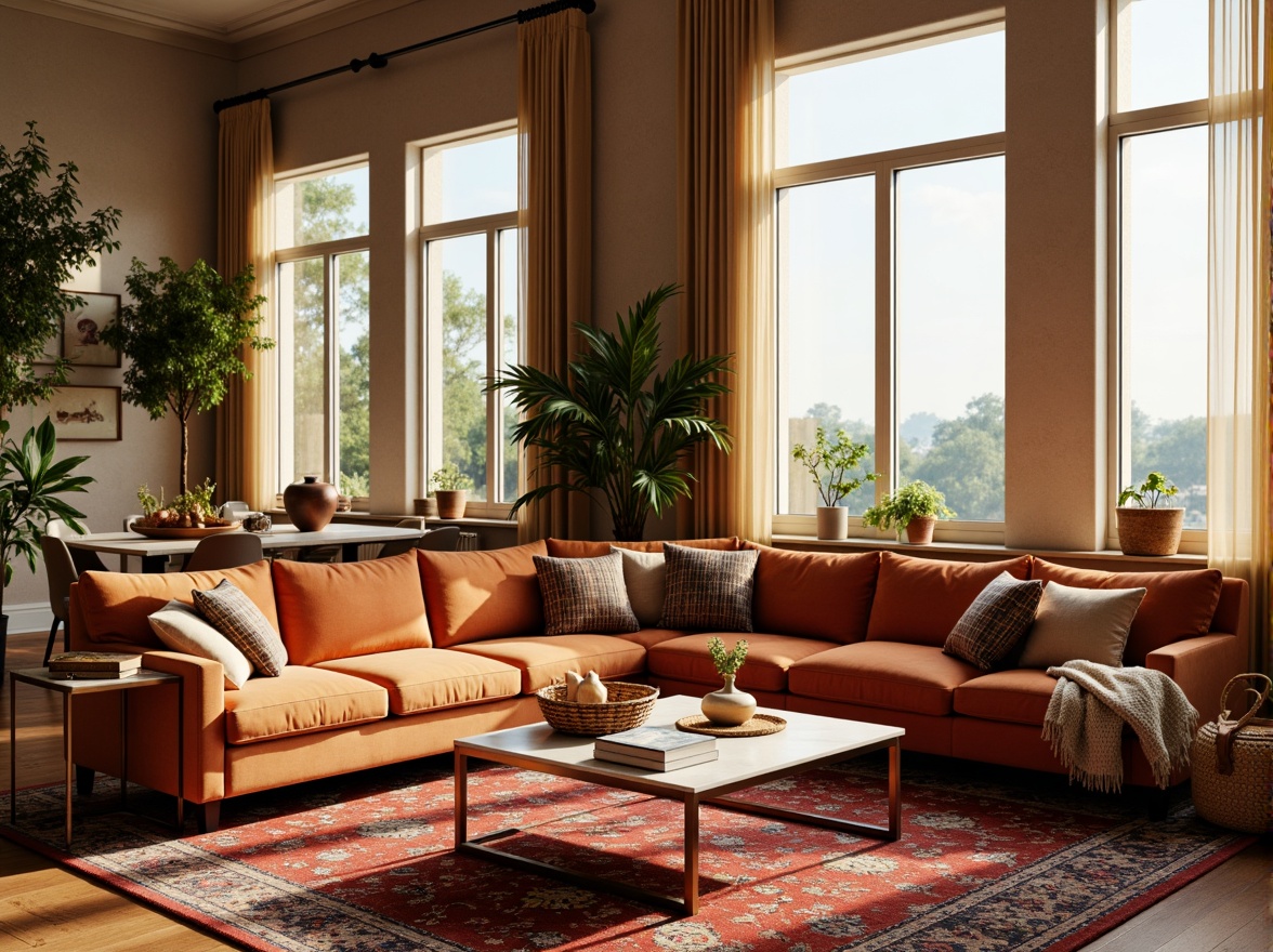 Prompt: Luxurious living room, plush velvet sofas, soft silk cushions, intricate patterned rugs, warm golden lighting, elegant marble coffee tables, sleek metal frames, vibrant colorful throw pillows, comfortable chunky knit blankets, natural woven baskets, sophisticated minimalist decor, airy open space, large windows, gentle diffused light, shallow depth of field, 3/4 composition, realistic textures, ambient occlusion.