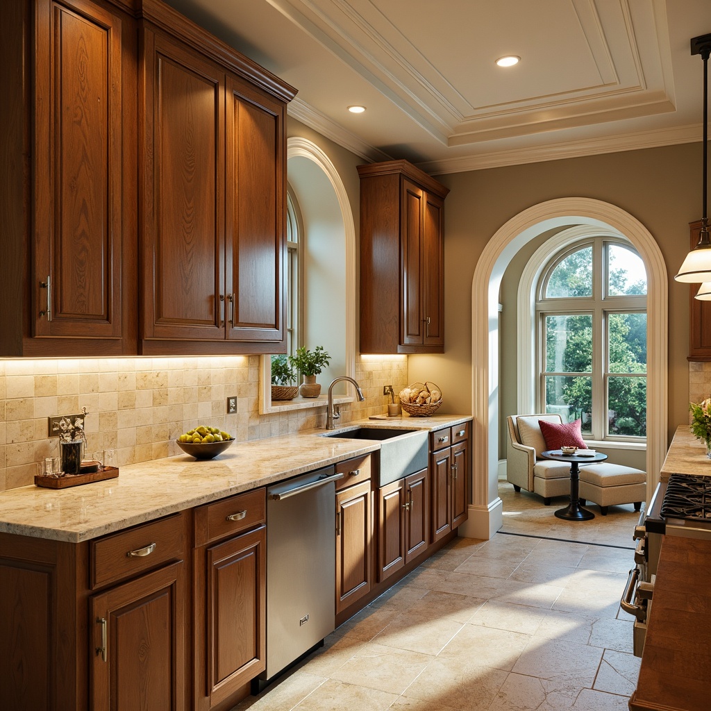 Prompt: Classic kitchen, warm beige walls, rich wood cabinets, ornate molding details, elegant archways, sophisticated lighting fixtures, luxurious Terrazzo countertops, creamy white marble backsplash, polished chrome hardware, comfortable seating areas, lush greenery, soft natural light, shallow depth of field, 1/2 composition, realistic textures, ambient occlusion.