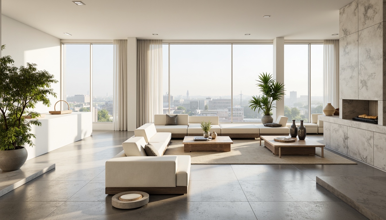 Prompt: Minimalist living room, large windows, abundant natural light, sleek white walls, polished concrete floors, sparse furniture, low-profile sofas, geometric coffee tables, industrial-style lighting fixtures, airy atmosphere, subtle textures, 1/1 composition, soft warm glow, shallow depth of field, realistic reflections, ambient occlusion, verdant plants, rustic wooden accents, creamy marble countertops, metallic decor, serene ambiance.