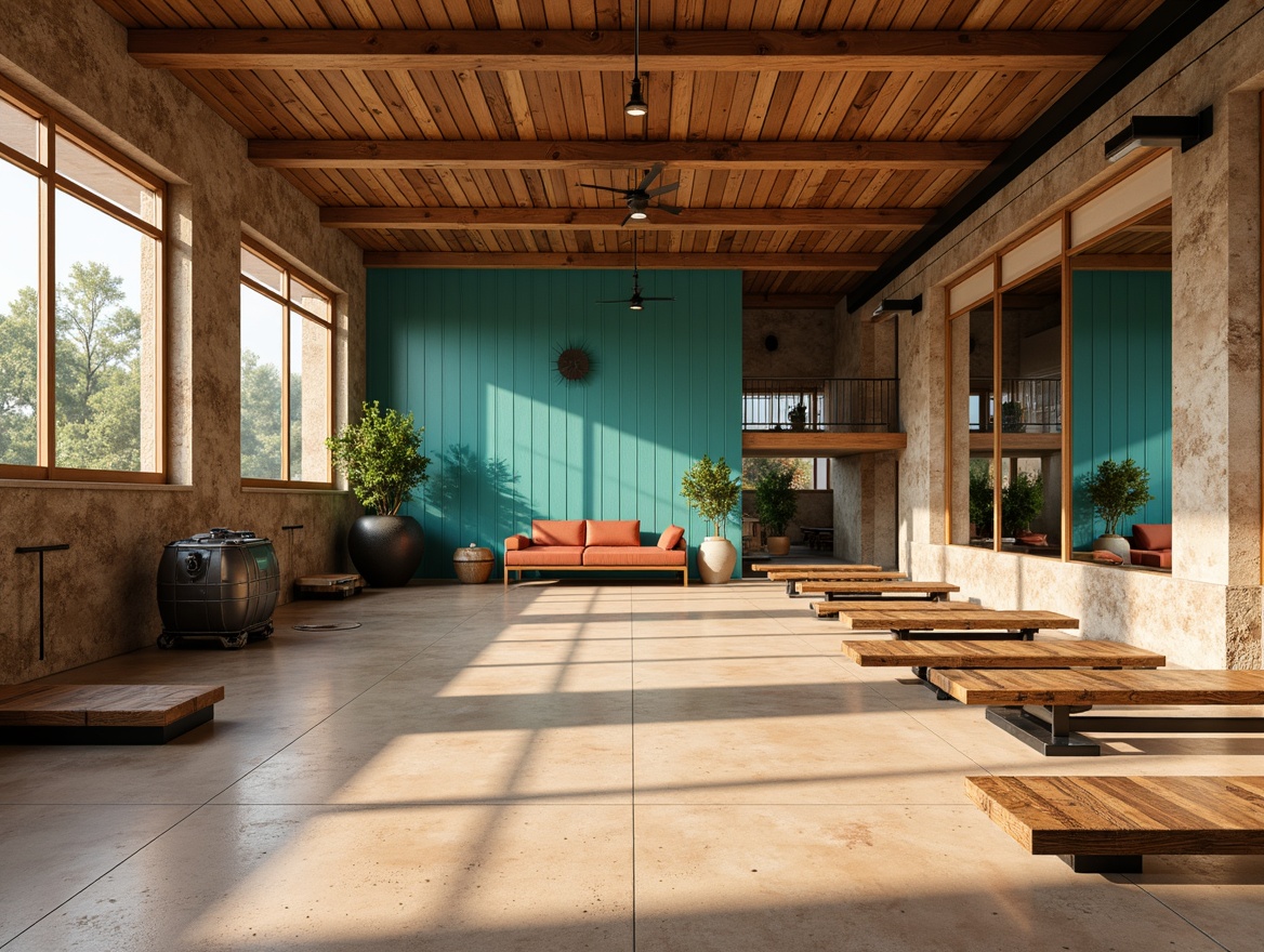 Prompt: Southwestern gym interior, rustic wooden flooring, warm beige tones, textured concrete surfaces, industrial-style metal accents, bold colorful stripes, vibrant turquoise hues, natural stone walls, earthy terracotta tiles, minimalist modern equipment, large mirrored walls, high ceilings, dramatic lighting fixtures, panoramic views, realistic reflections, shallow depth of field, 1/1 composition.