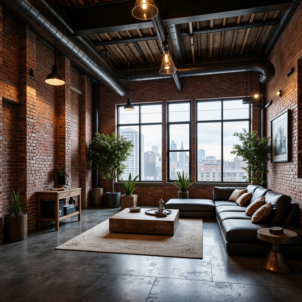 Prompt: Exposed brick walls, metal beams, reclaimed wood accents, industrial-style lighting fixtures, concrete floors, urban loft atmosphere, functional pipes, distressed textures, metallic color palette, modern minimalist decor, open-plan layout, cityscape views, large windows, industrial-chic furniture, functional machinery parts, vintage manufacturing equipment, edgy architectural lines, dramatic high ceilings, moody atmospheric lighting, 3/4 composition, shallow depth of field.