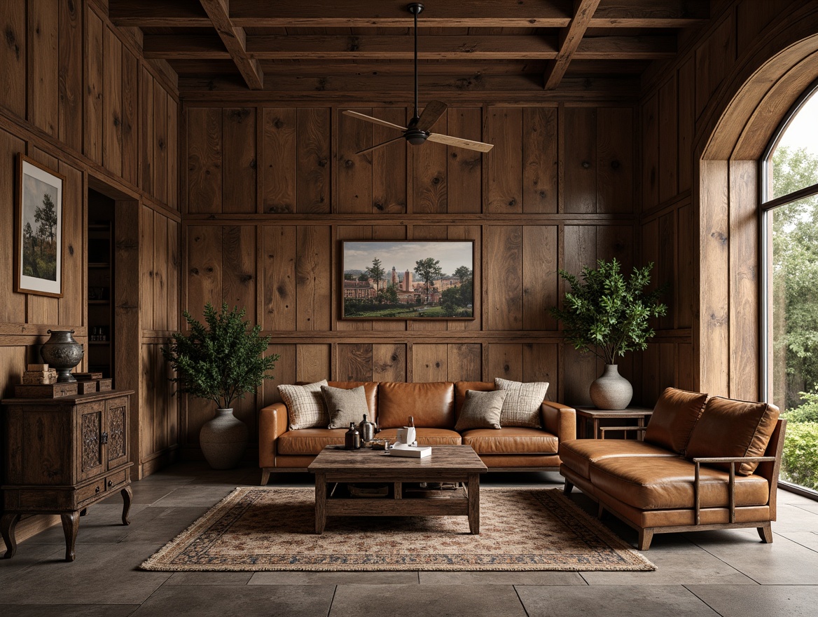 Prompt: Rustic wooden panels, distressed finishes, earthy color palette, natural stone flooring, woven textiles, vintage metal accents, ornate wooden furniture, rich leather upholstery, traditional craftsmanship, cozy atmosphere, warm ambient lighting, soft diffused shadows, 1/1 composition, intimate scale, organic shapes, nostalgic decorative elements, classic architectural details.