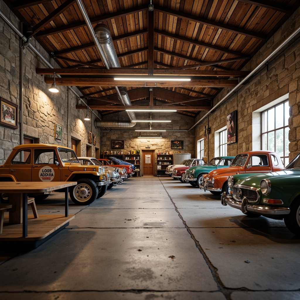 Prompt: Rustic garage interior, distressed wood accents, metal beams, industrial lighting fixtures, rough stone walls, vintage car displays, worn concrete floors, earthy color palette, natural textures, realistic normal maps, ambient occlusion, soft warm lighting, shallow depth of field, 1/2 composition, cinematic camera angles.