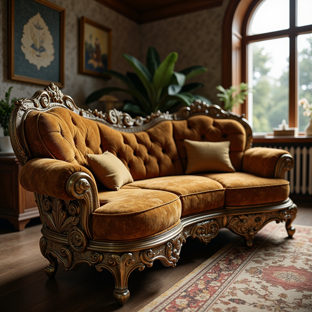 Prompt: Ornate furniture pieces, flowing organic curves, sinuous lines, botanical motifs, luxurious velvet upholstery, polished wooden surfaces, intricate carvings, ornamental metalwork, whimsical sculptural details, nature-inspired forms, elegant proportions, soft warm lighting, shallow depth of field, 1/1 composition, realistic textures, ambient occlusion.