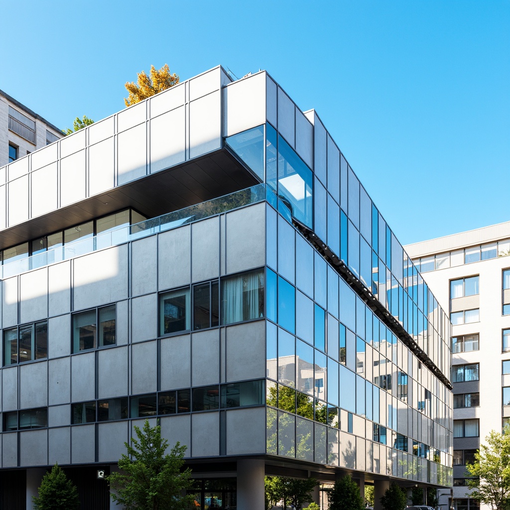 Prompt: Futuristic building facade, polycarbonate panels, transparent glass surfaces, angular lines, modern minimalist architecture, urban cityscape, bright blue sky, warm sunny day, soft natural lighting, shallow depth of field, 3/4 composition, panoramic view, realistic reflections, ambient occlusion.