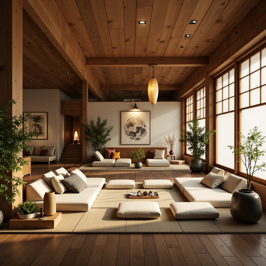 Prompt: Minimalist Asian-style interior, natural wood accents, shoji screens, sliding doors, tatami mats, low seating areas, bamboo plants, paper lanterns, warm soft lighting, cozy atmosphere, intimate spaces, functional layout, harmonious balance, Feng Shui principles, clutter-free environment, calming color palette, serene ambiance, subtle textures, 1/2 composition, atmospheric perspective, realistic reflections.