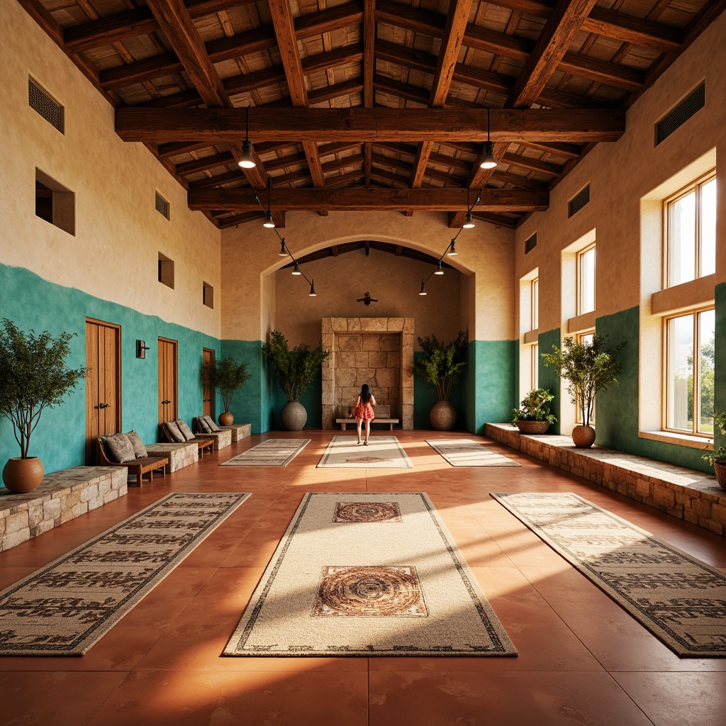 Prompt: Southwestern-themed gym, terracotta flooring, warm beige tones, rustic wood accents, tribal patterned mats, vibrant turquoise walls, natural stone features, industrial-style metal beams, high ceilings, abundant natural light, soft warm lighting, 3/4 composition, realistic textures, ambient occlusion.