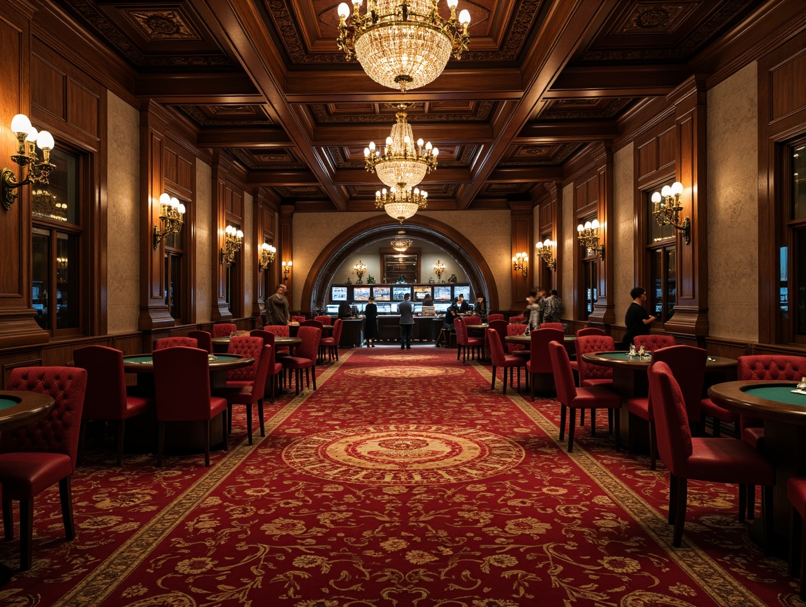 Prompt: Dark luxurious casino atmosphere, rich velvety carpet flooring, intricate gold patterns, regal red accents, ornate wooden paneling, grand chandeliers, mysterious dim lighting, high ceilings, lavish decorations, Gothic-inspired archways, stone walls with ornate carvings, metallic accents, opulent furniture, patterned rugs, warm intimate ambiance, cinematic shallow depth of field, 1/2 composition, dramatic spotlighting.