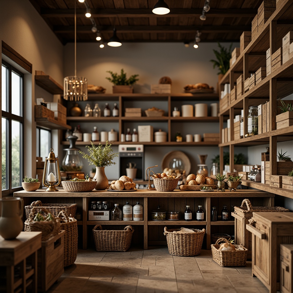 Prompt: Rustic grocery store interior, classic wooden shelves, vintage metal lanterns, woven wicker baskets, natural fiber textiles, earthy tone color palette, warm soft lighting, shallow depth of field, 1/1 composition, still life arrangement, realistic textures, ambient occlusion, ornate ceramic vases, distressed wood accents, antique bronze hardware, classic typography signage, nostalgic packaging designs.