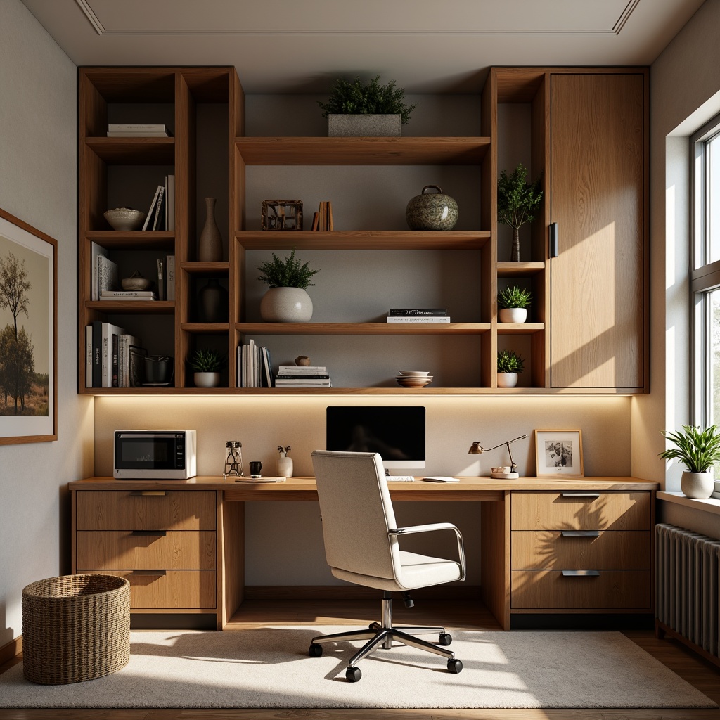 Prompt: Cozy home office, customized shelving units, wooden cabinets, ergonomic desks, comfortable seating, soft warm lighting, 1/1 composition, natural textures, minimalist decor, functional storage solutions, adjustable shelves, hidden compartments, modern hardware, sleek metal frames, earthy color palette, subtle patterns, clutter-free environment, organized workspaces.