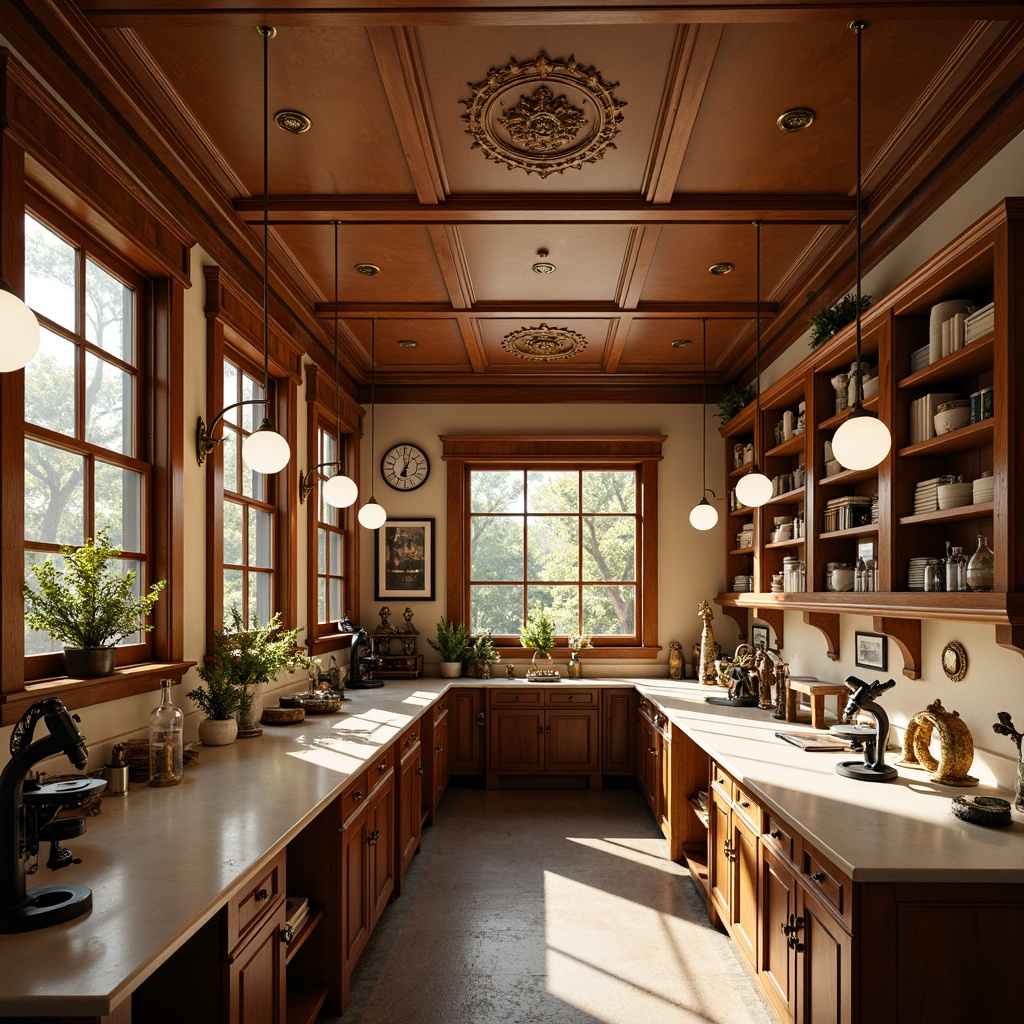 Prompt: Warm traditional laboratory, rich wood tones, ornate cabinetry, antique scientific instruments, vintage microscopes, warm beige walls, soft cream-colored countertops, elegant pendant lighting, polished brass fixtures, decorative ceiling tiles, large windows with natural light, warm afternoon sunlight, shallow depth of field, 1/1 composition, realistic textures, ambient occlusion.