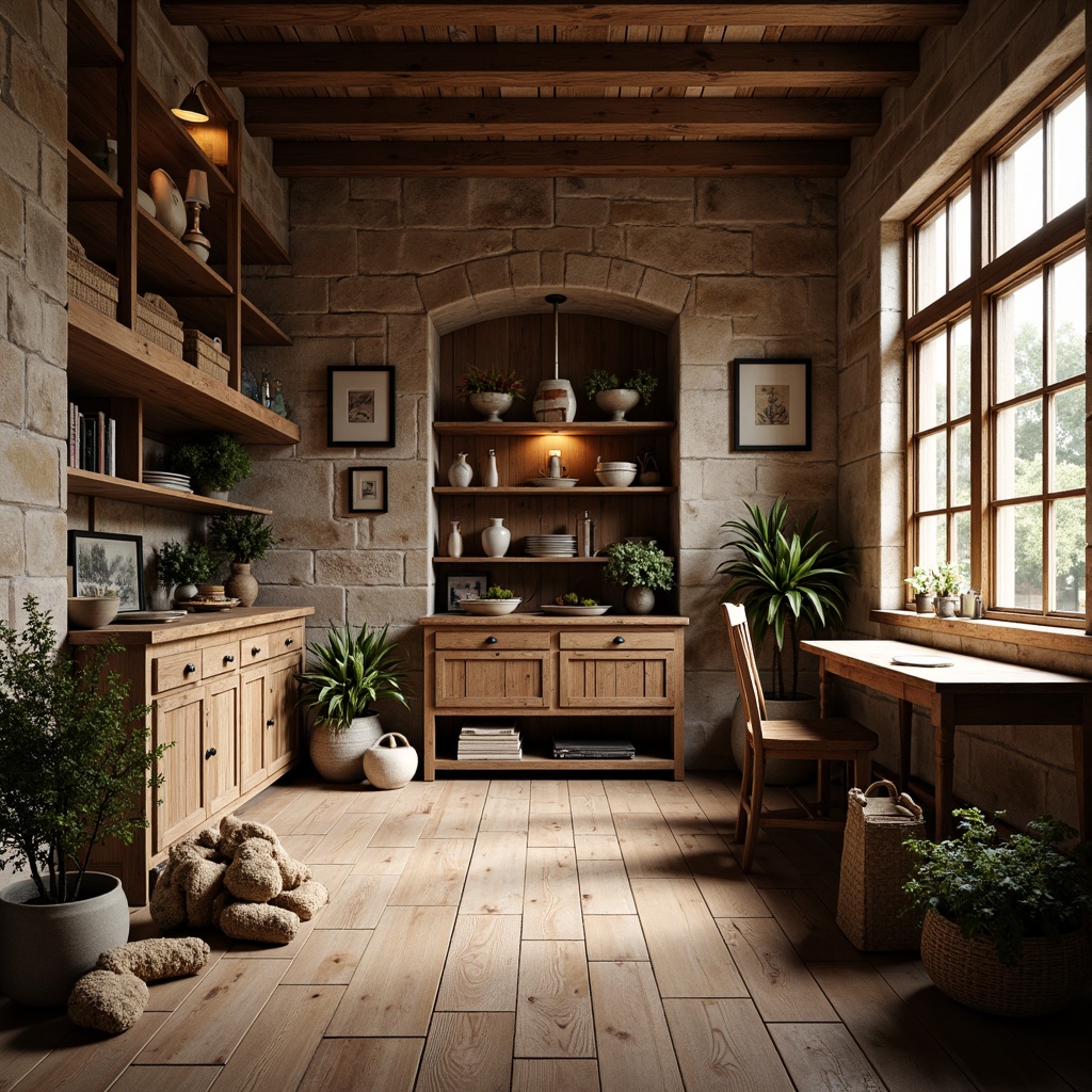 Prompt: Rustic farmhouse, wooden accents, vintage decor, earthy tones, distressed wood flooring, reclaimed planks, wide plank boards, natural stone tiles, exposed brick walls, cozy atmosphere, warm lighting, soft shadows, shallow depth of field, 1/2 composition, realistic textures, ambient occlusion.